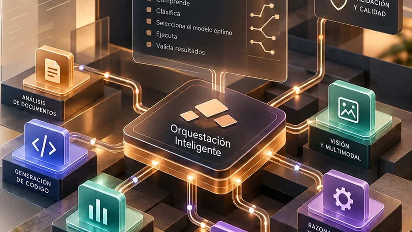 Arquitectura de orquestación de inteligencia artificial que conecta análisis documental, código, datos, visión y verificación