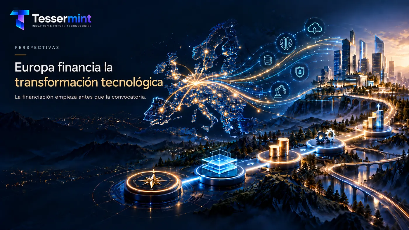 Europa financia la transformación tecnológica: mapa de Europa conectado con una ciudad del futuro y el recorrido de un proyecto financiado